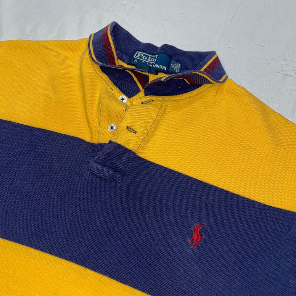 Polo by Ralph Lauren Yellow and Navy Striped Rugby Polo with Red Pony
